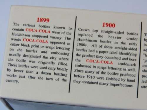1999 Boxed set of 6 Coca Cola miniature glass Bottles.Evolution of the contour bottle 1899-1999 mint