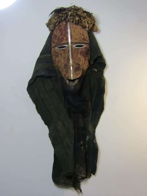 Very rare and scary Antique wooden African Mask with real Hair and antique cloth, 30cm x 16cm