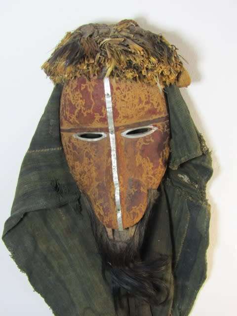Very rare and scary Antique wooden African Mask with real Hair and antique cloth, 30cm x 16cm