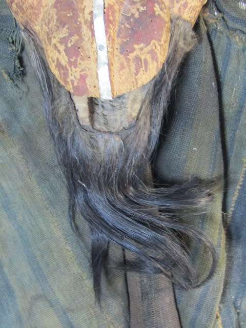 Very rare and scary Antique wooden African Mask with real Hair and antique cloth, 30cm x 16cm
