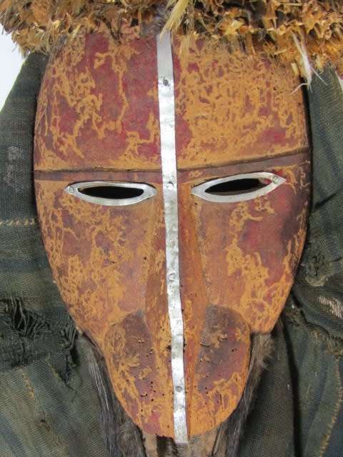 Very rare and scary Antique wooden African Mask with real Hair and antique cloth, 30cm x 16cm