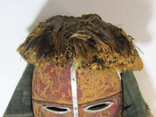 Very rare and scary Antique wooden African Mask with real Hair and antique cloth, 30cm x 16cm