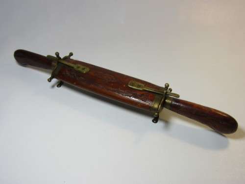 Vintage Indian Carving Set with carved wooden handles and Sheath, brass fittings and feet, excellent