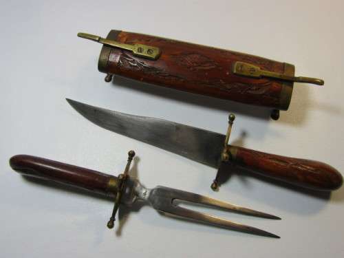 Vintage Indian Carving Set with carved wooden handles and Sheath, brass fittings and feet, excellent