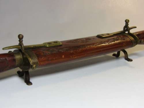 Vintage Indian Carving Set with carved wooden handles and Sheath, brass fittings and feet, excellent