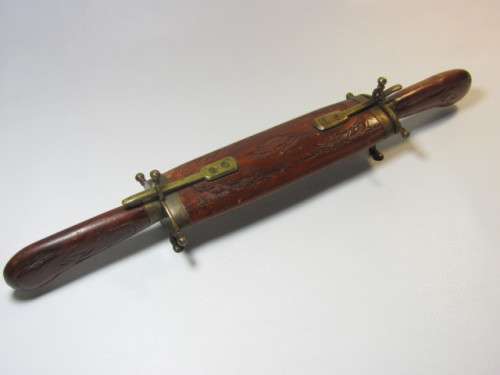 Vintage Indian Carving Set with carved wooden handles and Sheath, brass fittings and feet, excellent