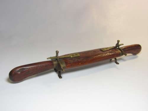 Vintage Indian Carving Set with carved wooden handles and Sheath, brass fittings and feet, excellent