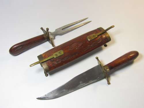 Vintage Indian Carving Set with carved wooden handles and Sheath, brass fittings and feet, excellent