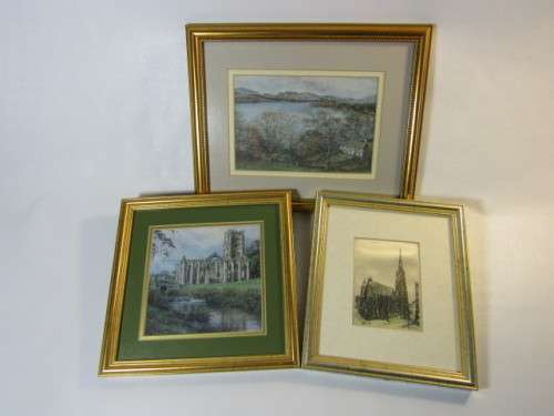 Vintage lot of 3 silk art paintings, framed and glass, excellent condition