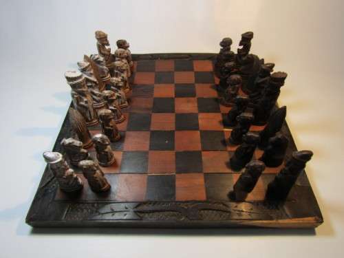 Vintage hand carved wooden Chess Set, complete with carved Board *No reserve auction at Port No.5*
