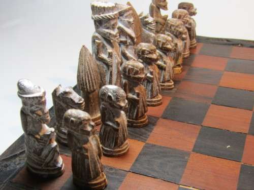 Vintage hand carved wooden Chess Set, complete with carved Board *No reserve auction at Port No.5*
