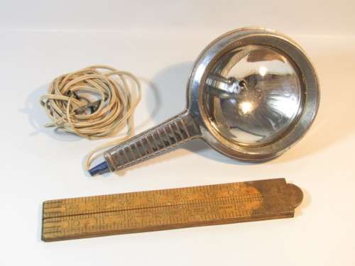 Vintage chromed General Electric hand held Spotlight, working and a 3FT wood and brass folding Ruler