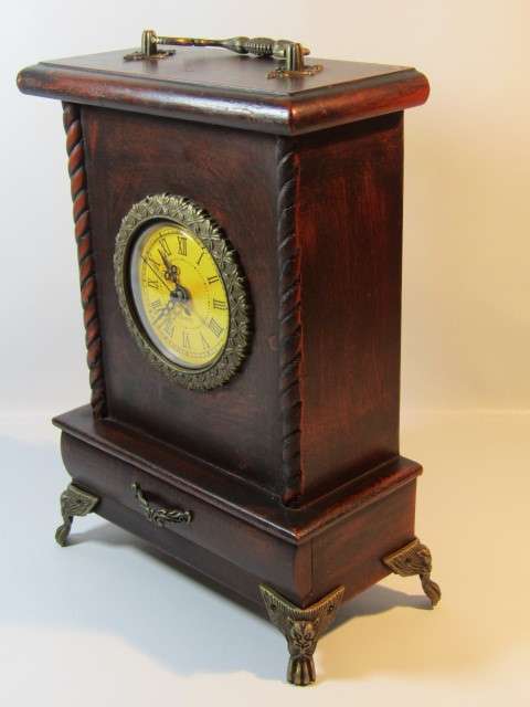 Wooden quartz Mantle Clock with Drawer and on Lion Claw Feet, excellent and working, 27cm x 18cm