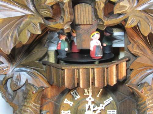 Vintage Black Forest Cuckoo Clock, complete with Pendulum and Weights, turning German Figures, Large
