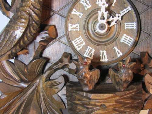 Vintage Black Forest Cuckoo Clock, complete with Pendulum and Weights, turning German Figures, Large