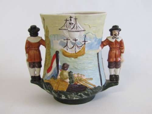 Vintage lot of 2 Jan van Riebeeck collectables; Bisque Loving Cup and Wedgwood Plate, excellent cond