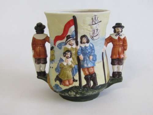 Vintage lot of 2 Jan van Riebeeck collectables; Bisque Loving Cup and Wedgwood Plate, excellent cond