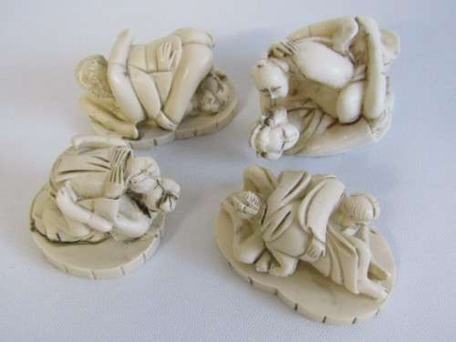 Lot of 4 hand carved vintage Japanese Erotic Netsuke Figurines, 7cm x 4cm, Adults Only