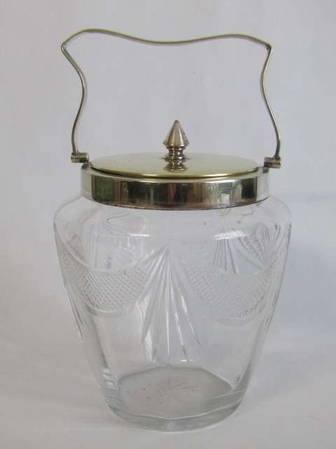 Antique Cut Glass Biscuit Barrel with silverplated Lid and fittings (EPNS), 11.5cm, excellent cond.