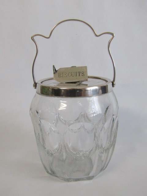 Antique Cut Glass Biscuit Barrel with silverplated Fittings and "Biscuits" label (EPNS), 14.5cm