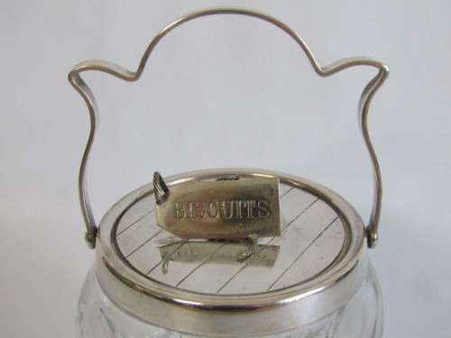 Antique Cut Glass Biscuit Barrel with silverplated Fittings and "Biscuits" label (EPNS), 14.5cm