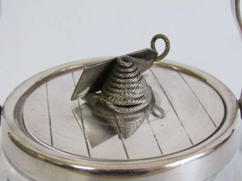 Antique Cut Glass Biscuit Barrel with silverplated Fittings and "Biscuits" label (EPNS), 14.5cm