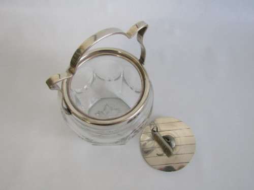 Antique Cut Glass Biscuit Barrel with silverplated Fittings and "Biscuits" label (EPNS), 14.5cm