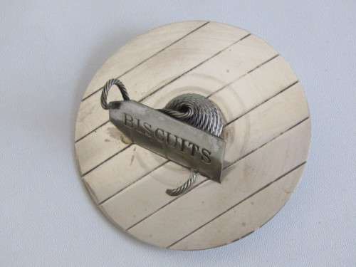 Antique Cut Glass Biscuit Barrel with silverplated Fittings and "Biscuits" label (EPNS), 14.5cm