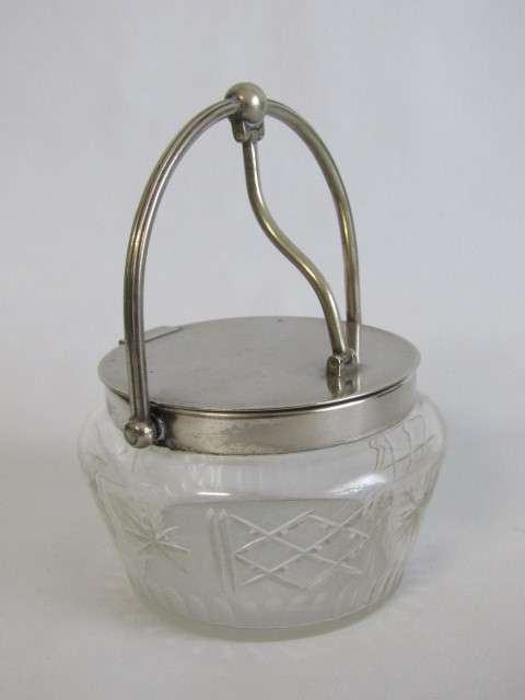 Antique Cut Glass Biscuit Barrel with silverplated Fittings. Easy open Tilt Lid (EPNS), 11cm diam.
