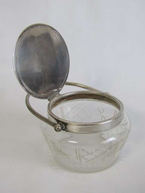 Antique Cut Glass Biscuit Barrel with silverplated Fittings. Easy open Tilt Lid (EPNS), 11cm diam.