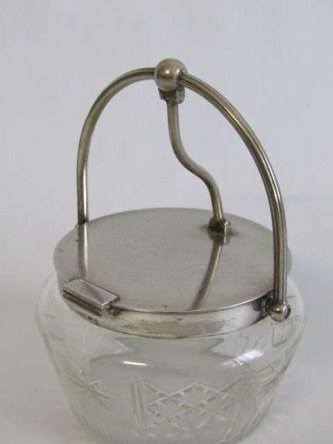 Antique Cut Glass Biscuit Barrel with silverplated Fittings. Easy open Tilt Lid (EPNS), 11cm diam.