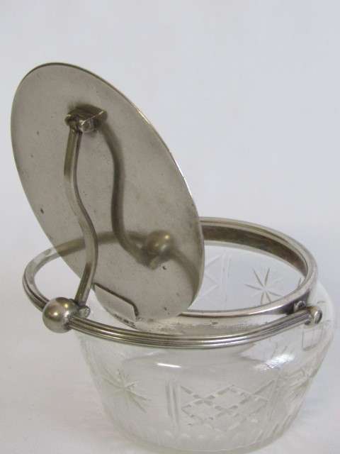 Antique Cut Glass Biscuit Barrel with silverplated Fittings. Easy open Tilt Lid (EPNS), 11cm diam.