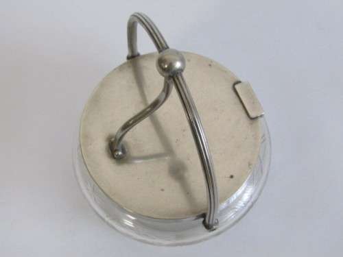 Antique Cut Glass Biscuit Barrel with silverplated Fittings. Easy open Tilt Lid (EPNS), 11cm diam.