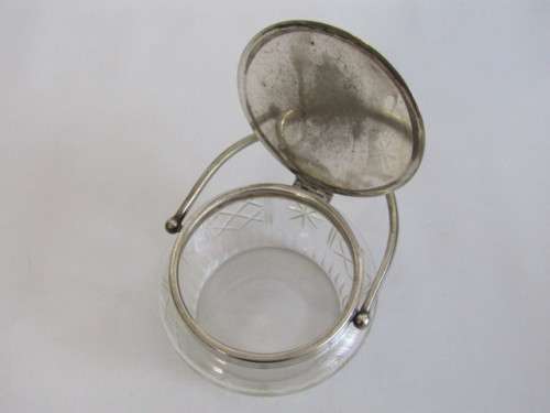 Antique Cut Glass Biscuit Barrel with silverplated Fittings. Easy open Tilt Lid (EPNS), 11cm diam.