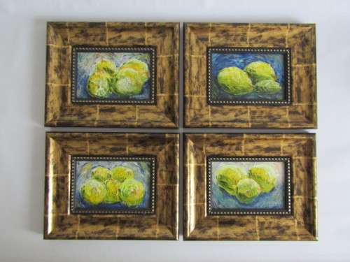 Lot of 4 original David Moore oil on board framed Paintings, all signed "Vegetables", 25cm x 20cm