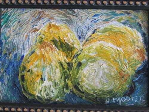 Lot of 4 original David Moore oil on board framed Paintings, all signed "Vegetables", 25cm x 20cm