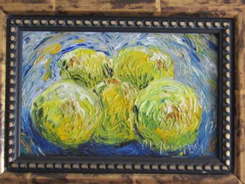 Lot of 4 original David Moore oil on board framed Paintings, all signed "Vegetables", 25cm x 20cm
