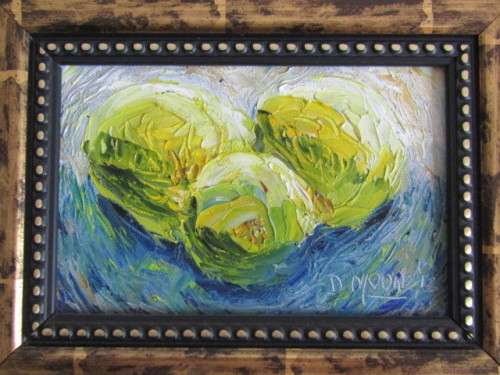 Lot of 4 original David Moore oil on board framed Paintings, all signed "Vegetables", 25cm x 20cm