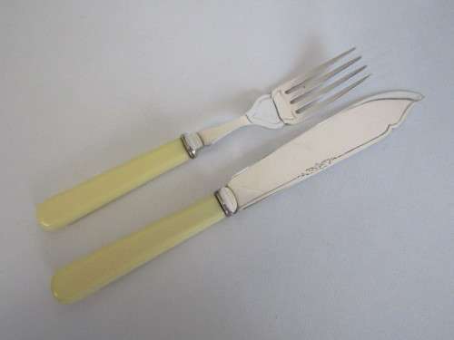 Vintage original Joseph Rodgers faux bone Handle stainless 12 piece Fish Knife and Fork Set