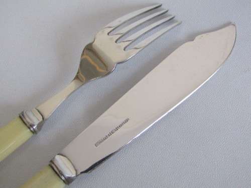 Vintage original Joseph Rodgers faux bone Handle stainless 12 piece Fish Knife and Fork Set