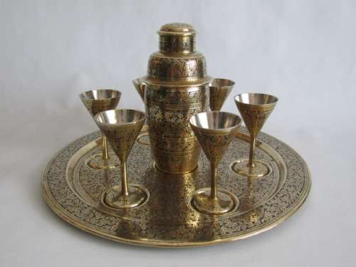 Beautiful complete Martini brass set with Tray, Shaker and 6 Goblets, highly decorated with colour