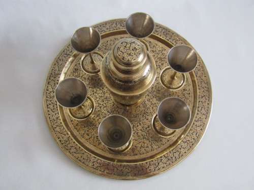 Beautiful complete Martini brass set with Tray, Shaker and 6 Goblets, highly decorated with colour
