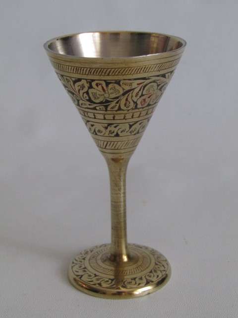 Beautiful complete Martini brass set with Tray, Shaker and 6 Goblets, highly decorated with colour