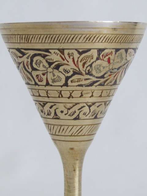 Beautiful complete Martini brass set with Tray, Shaker and 6 Goblets, highly decorated with colour