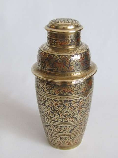 Beautiful complete Martini brass set with Tray, Shaker and 6 Goblets, highly decorated with colour