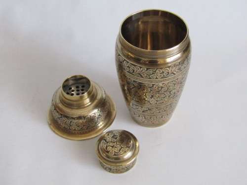 Beautiful complete Martini brass set with Tray, Shaker and 6 Goblets, highly decorated with colour