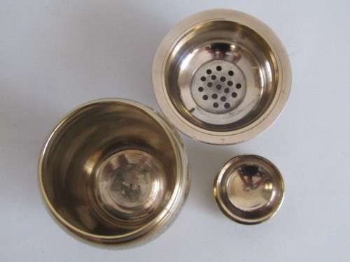 Beautiful complete Martini brass set with Tray, Shaker and 6 Goblets, highly decorated with colour