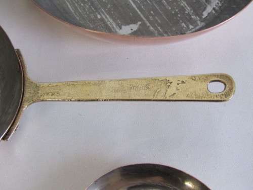 Set on 3 vintage Copper Pans with solid brass Handles, 20cm, 14cm and 11cm diameter