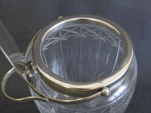 Vintage EPNS mounted Glass Biscuit Barrel with Tilt Lid, excellent condition, 14cm high x 14cm diam