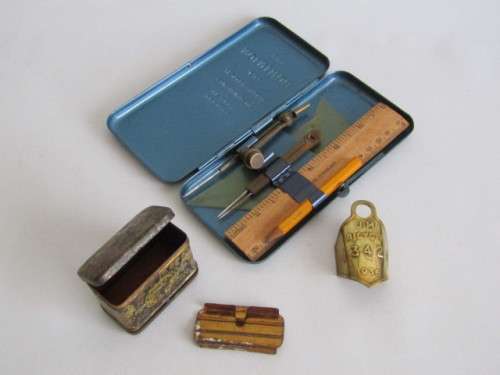 Lot of 3 collectable items; 1899 Star Safety Razor Tin,Brass mathematical set and a 1936 Bicycle Tag